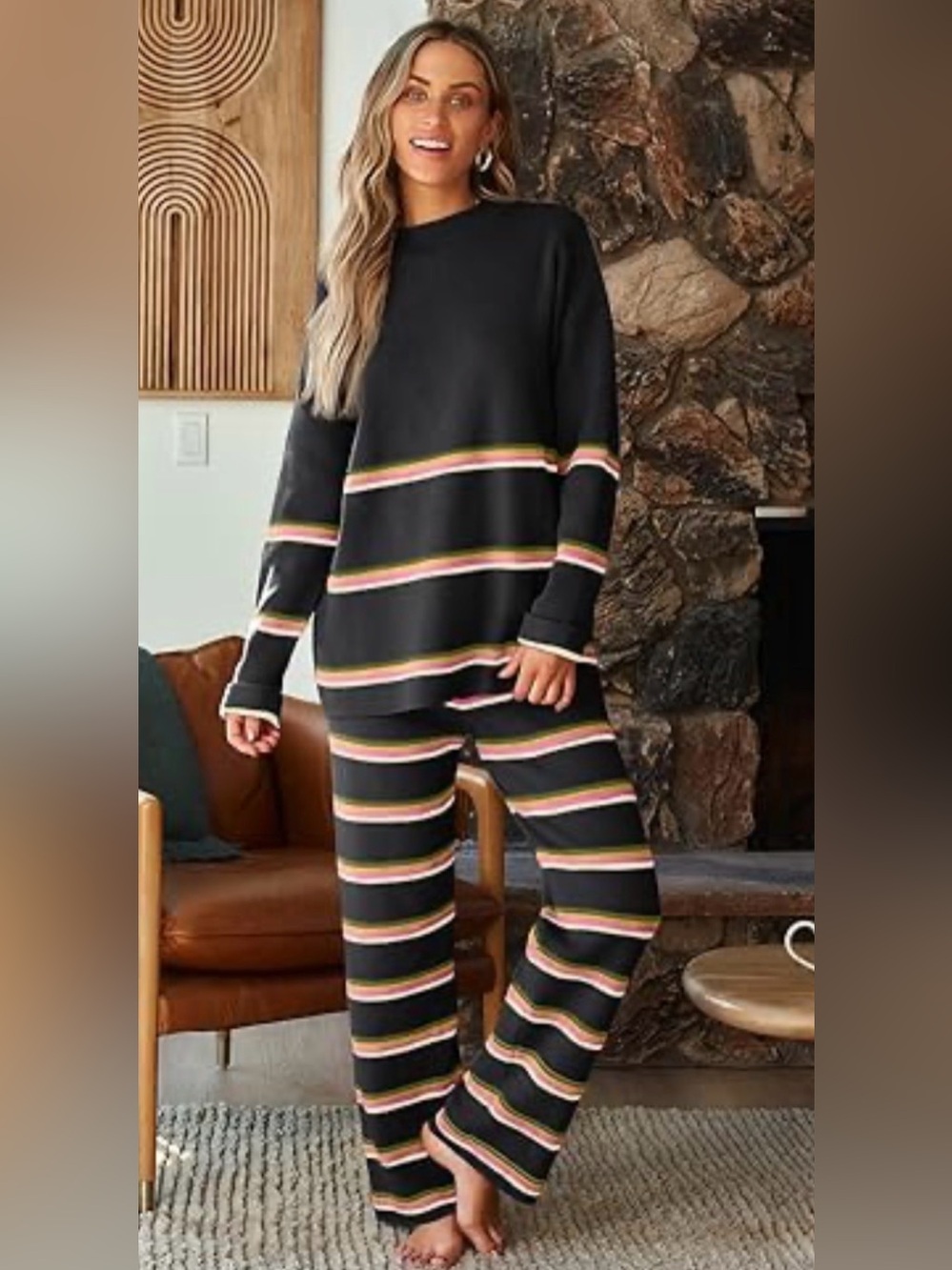 Lillusory Knit Lounge Set Striped Crewneck Wide leg  Size M
